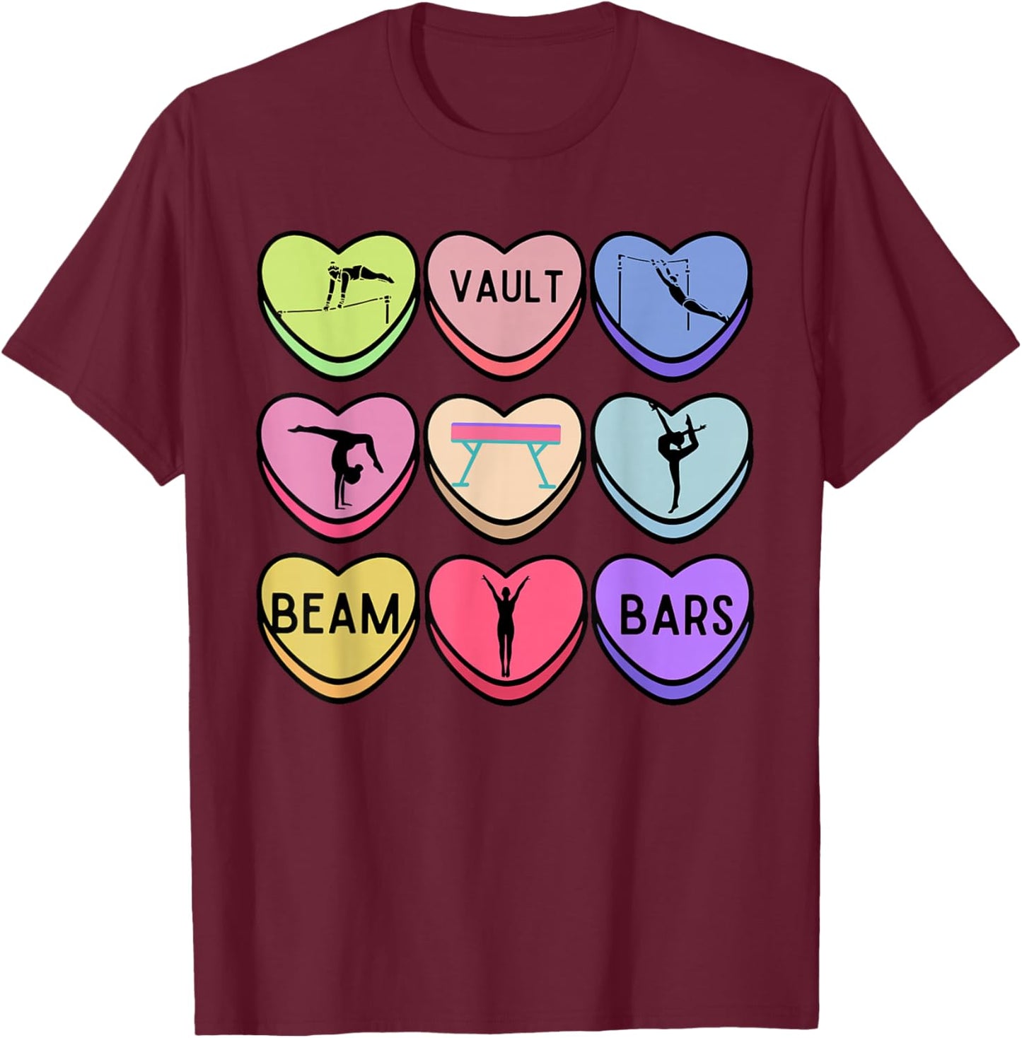 Heart Candy Gymnastics Valentine Gymnast Tumbling Acrobat T-Shirt - T-Shirt | Maroon