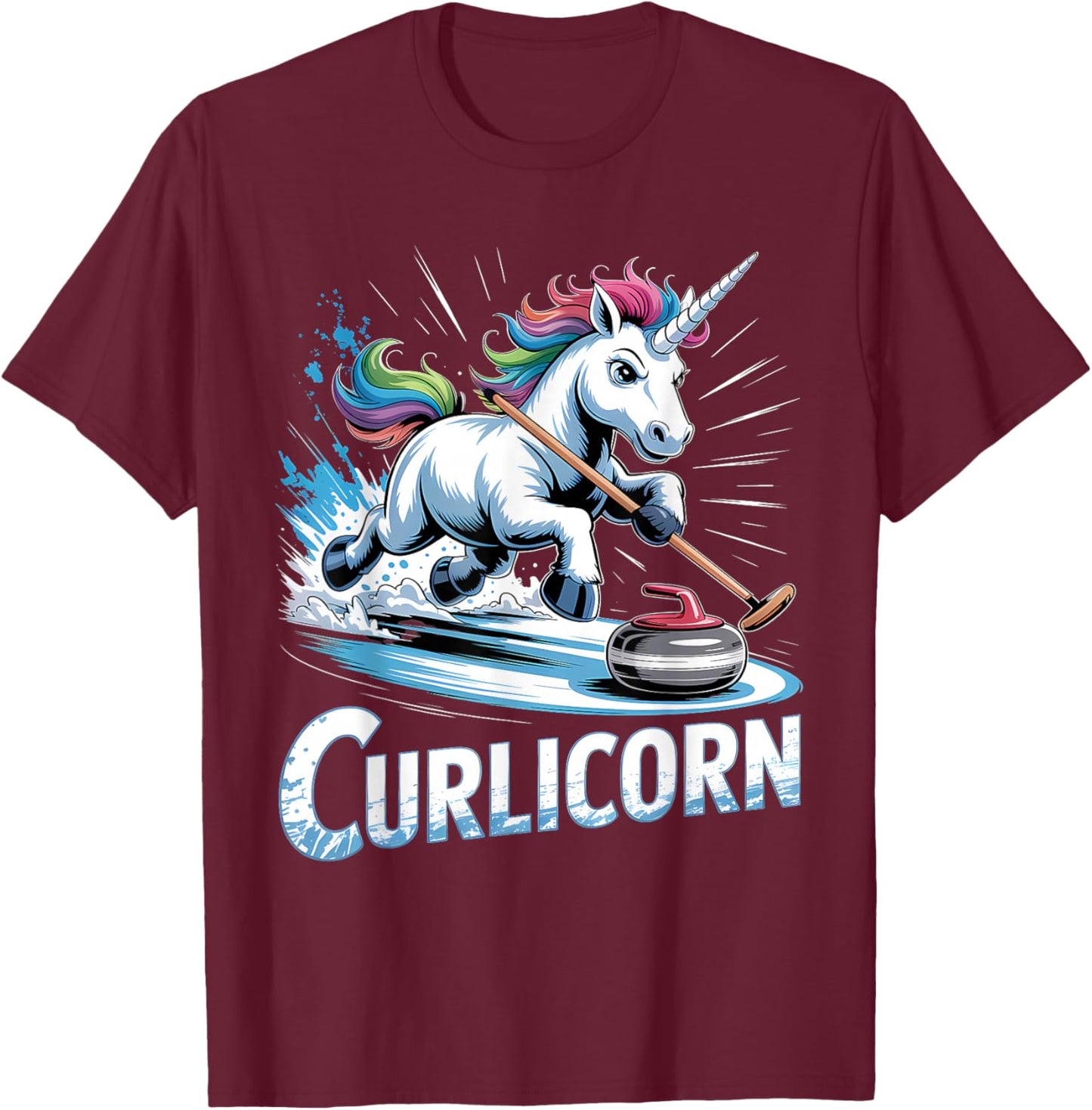 Curling Unicorn Ice Curling Player Ice Sport Funny Curling T-Shirt - T-Shirt | Maroon