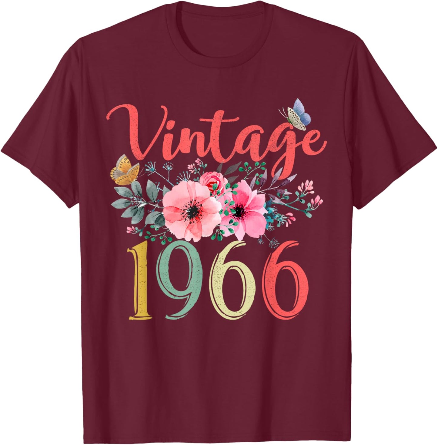 Vintage 1966 Floral Hippie Groovy Wildflower 60th Birthday T-Shirt - T-Shirt | Maroon