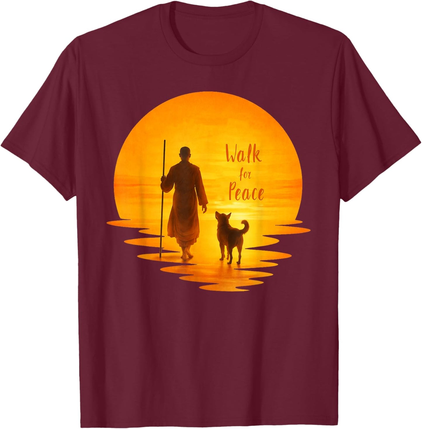 Walk for Peace Monk and Faithful Dog Pilgrimage Art T-Shirt - T-Shirt | Maroon