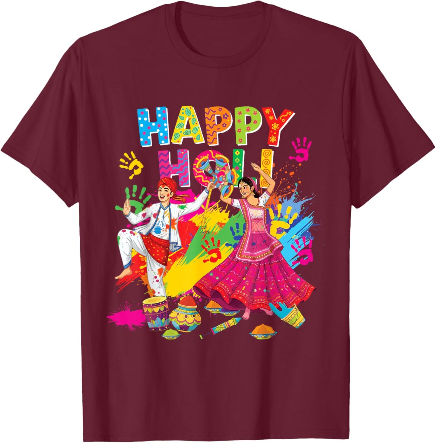 Happy Holi Hindu Spring Holi Festival of Colors India Indian T-Shirt - T-Shirt | Maroon