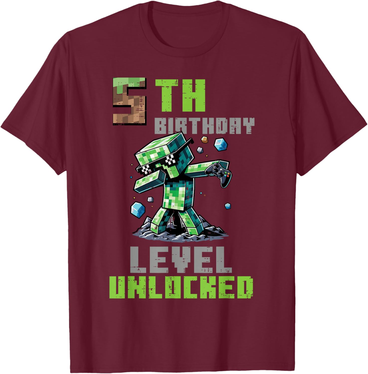 5th Birthday Level Unlocked Pixel Dab 5 Bday Gamer Boys Kids T-Shirt - T-Shirt | Maroon