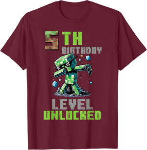 5th Birthday Level Unlocked Pixel Dab 5 Bday Gamer Boys Kids T-Shirt - T-Shirt | Maroon