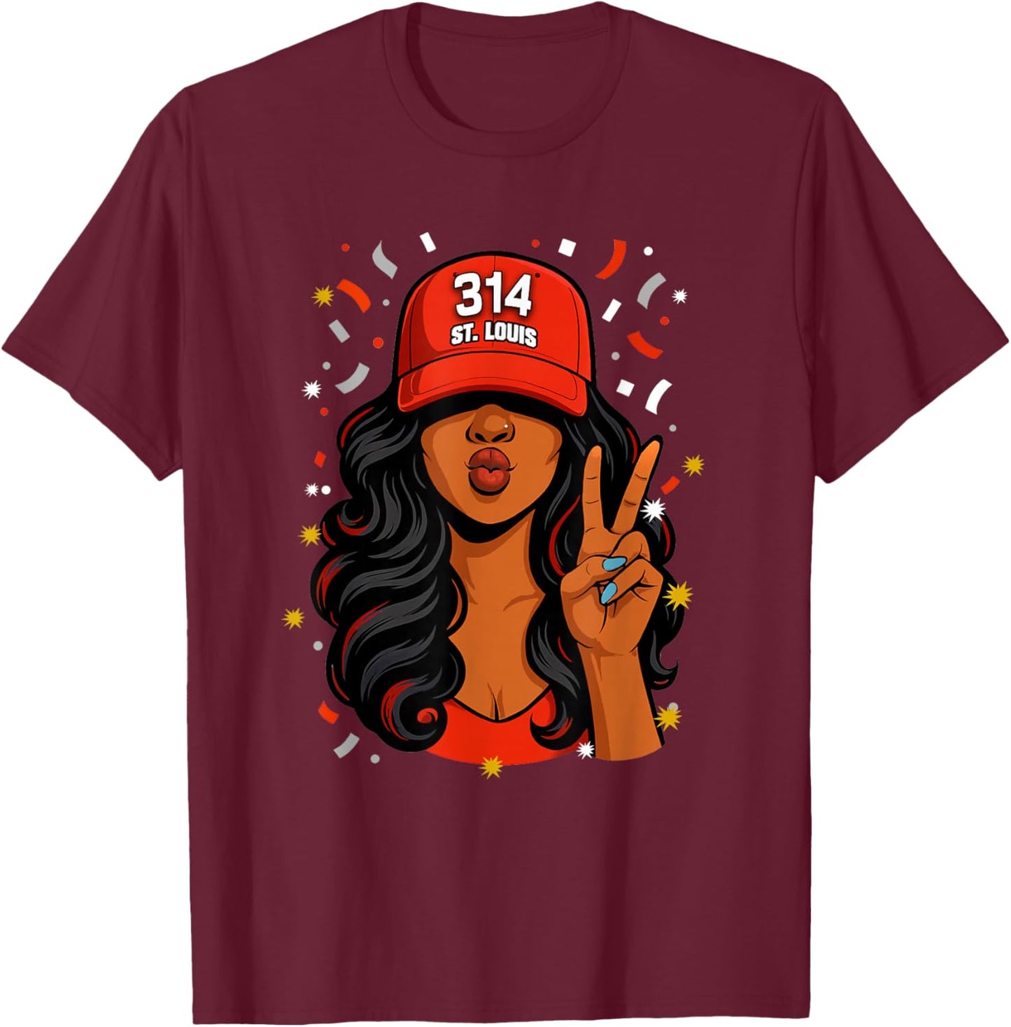 St. Louis 314 Black Woman Wearing Red Hat T-Shirt - T-Shirt | Maroon