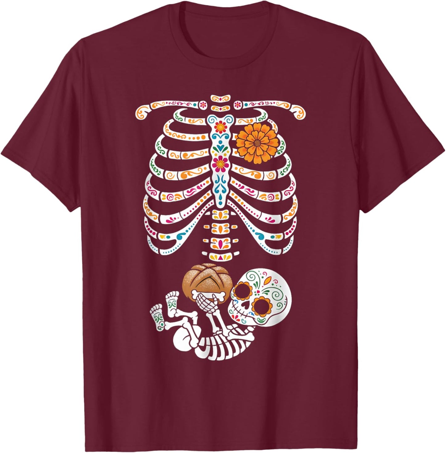 Pregnancy Skeleton Dia De Los Muertos Mexican Belly Bump T-Shirt - T-Shirt | Maroon