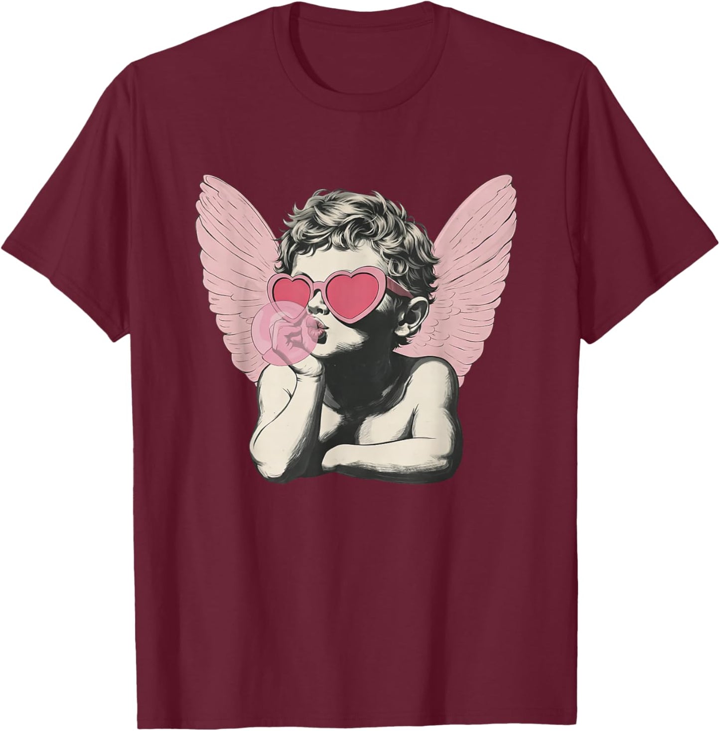 Vintage Cute Cupid in Sunglasses Blowing Bubble Valentine T-Shirt - T-Shirt | Maroon