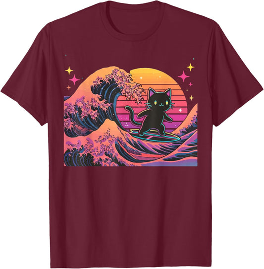 Cat Surfing Japanese T-Shirt - T-Shirt | Maroon