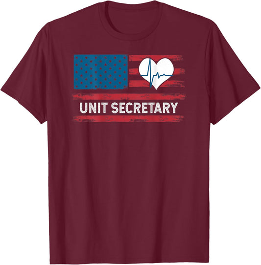 Unit Secretary USA Flag Patriotic 4th July Design ON Back T-Shirt - T-Shirt | Maroon