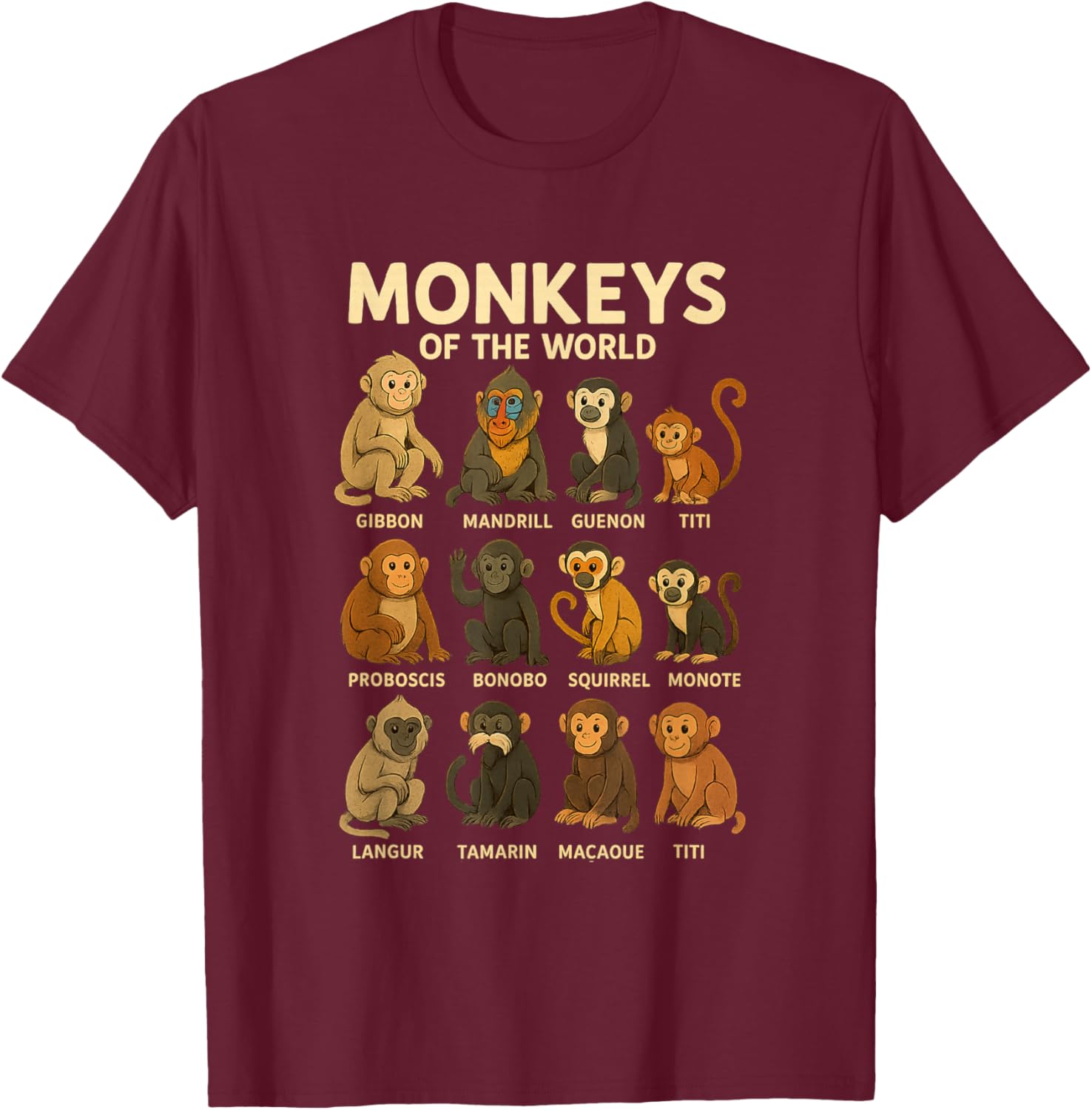 Monkeys of The World Cute Primate Species Cartoon Shirt T-Shirt - T-Shirt | Maroon