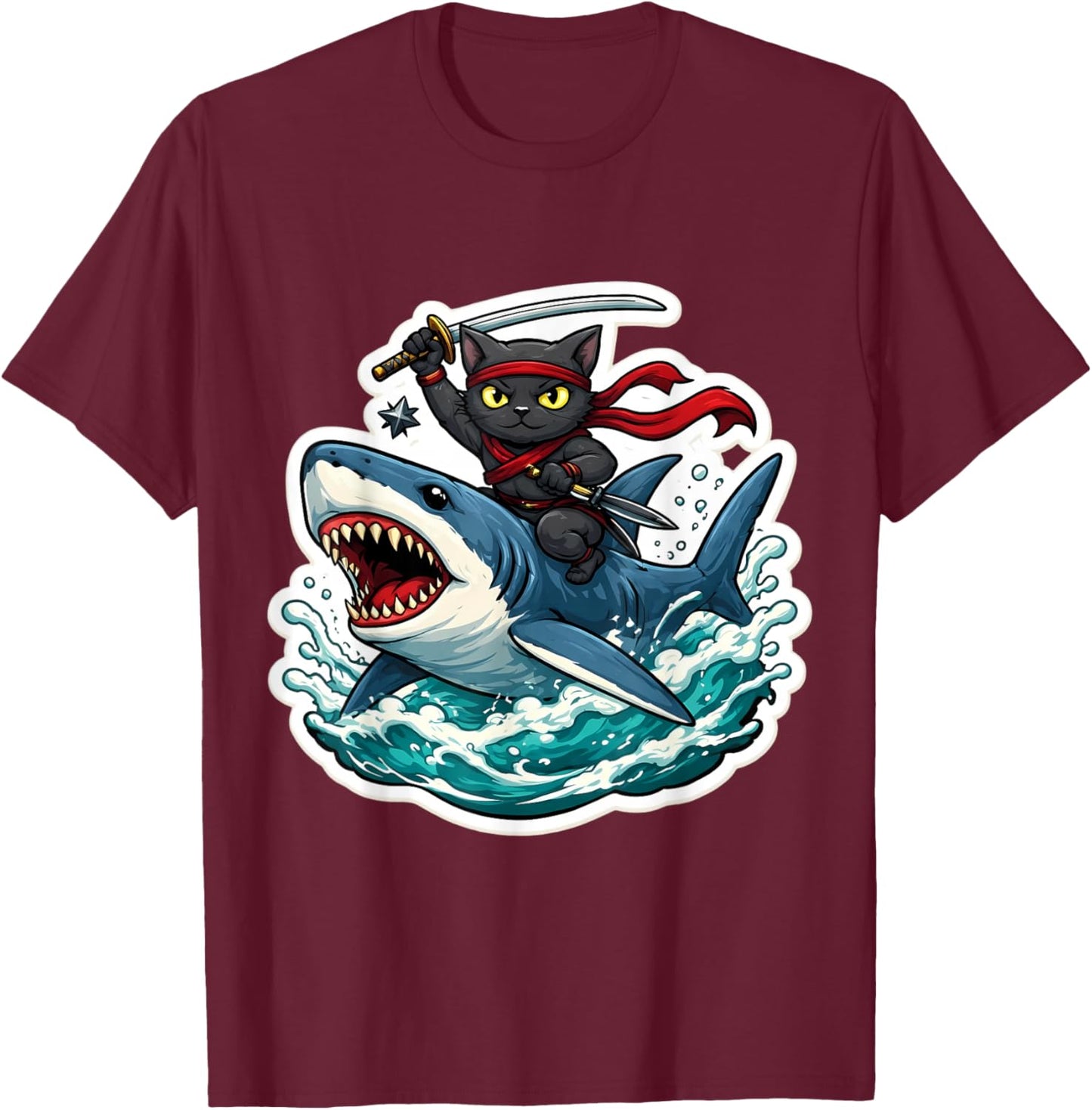 Ninja Cat Riding Shart Funny Cartoon Owner Feline Lover Art T-Shirt - T-Shirt | Maroon