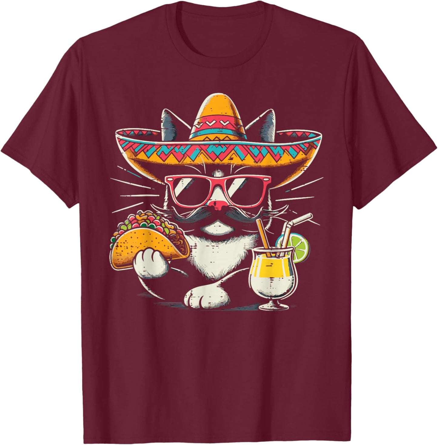 Mexican Tuxedo Cat Taco Sombrero Funny Mexico Women Men Kids T-Shirt - T-Shirt | Maroon