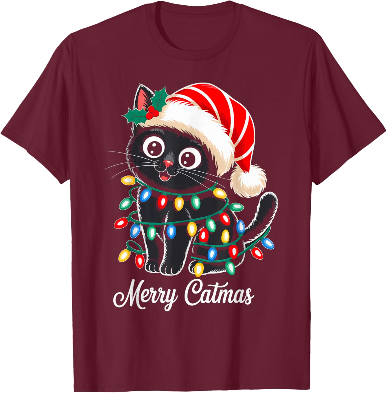 Cute Black Cat Christmas Lights Santa Hat Xmas Merry Catmas T-Shirt - T-Shirt | Maroon