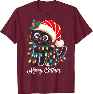 Cute Black Cat Christmas Lights Santa Hat Xmas Merry Catmas T-Shirt - T-Shirt | Maroon