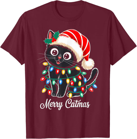 Cute Black Cat Christmas Lights Santa Hat Xmas Merry Catmas T-Shirt - T-Shirt | Maroon