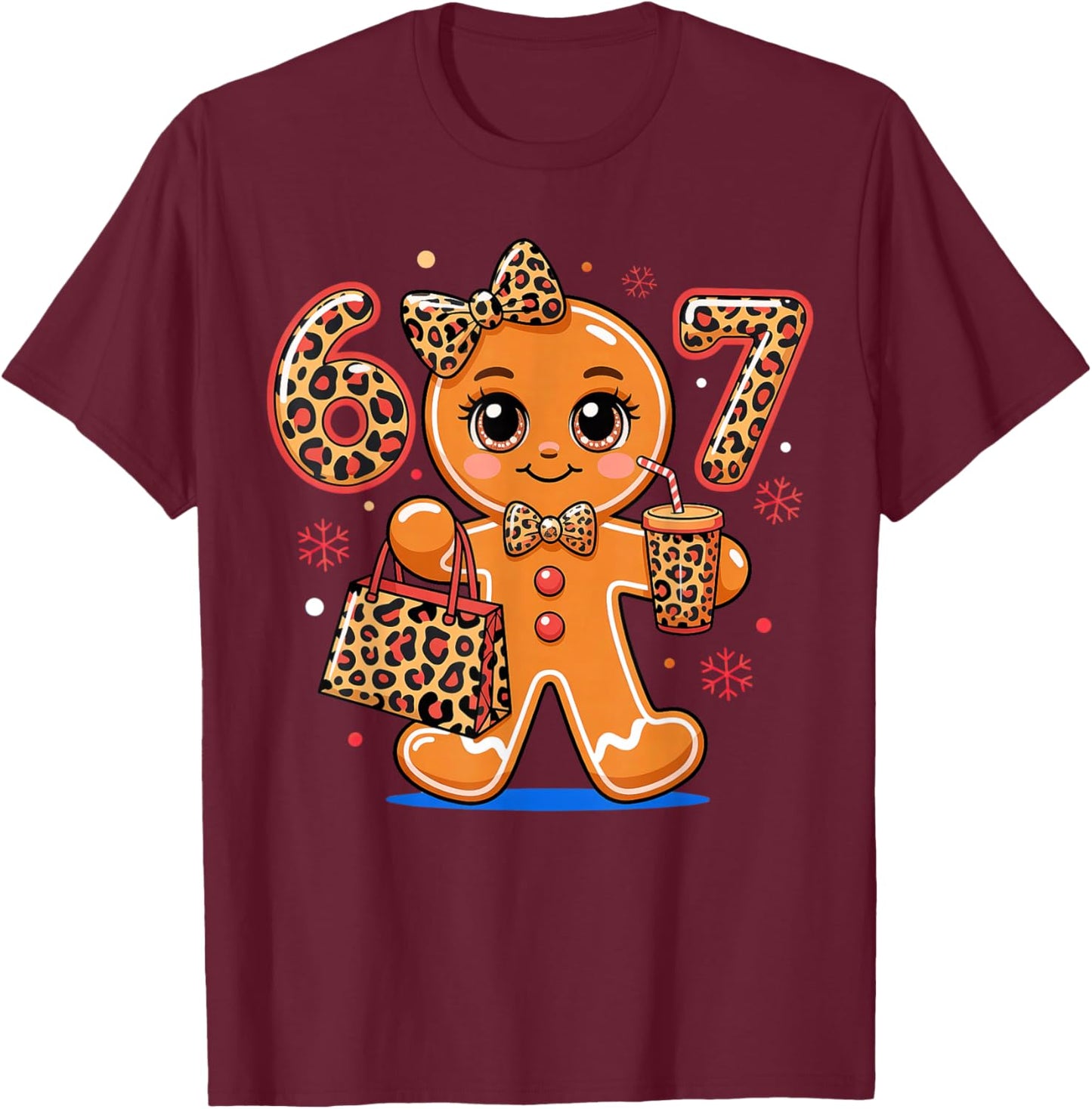 6 7 Christmas Leopard Gingerbread T-Shirt - T-Shirt | Maroon