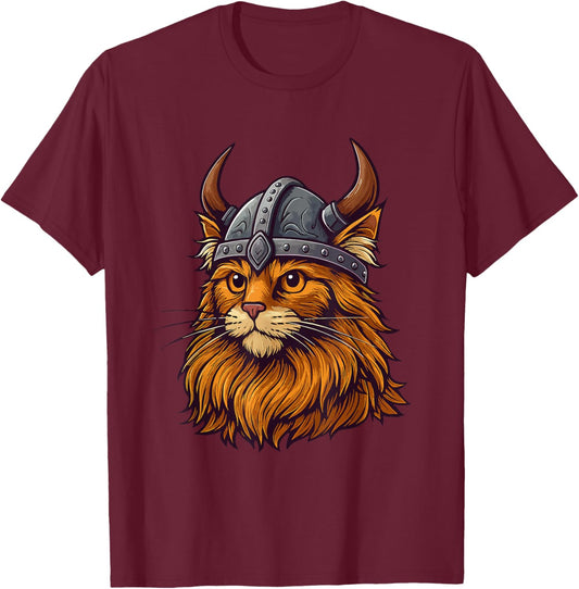 Funny Viking Cat in Helmet Cute Cat Lover T-Shirt - T-Shirt | Maroon
