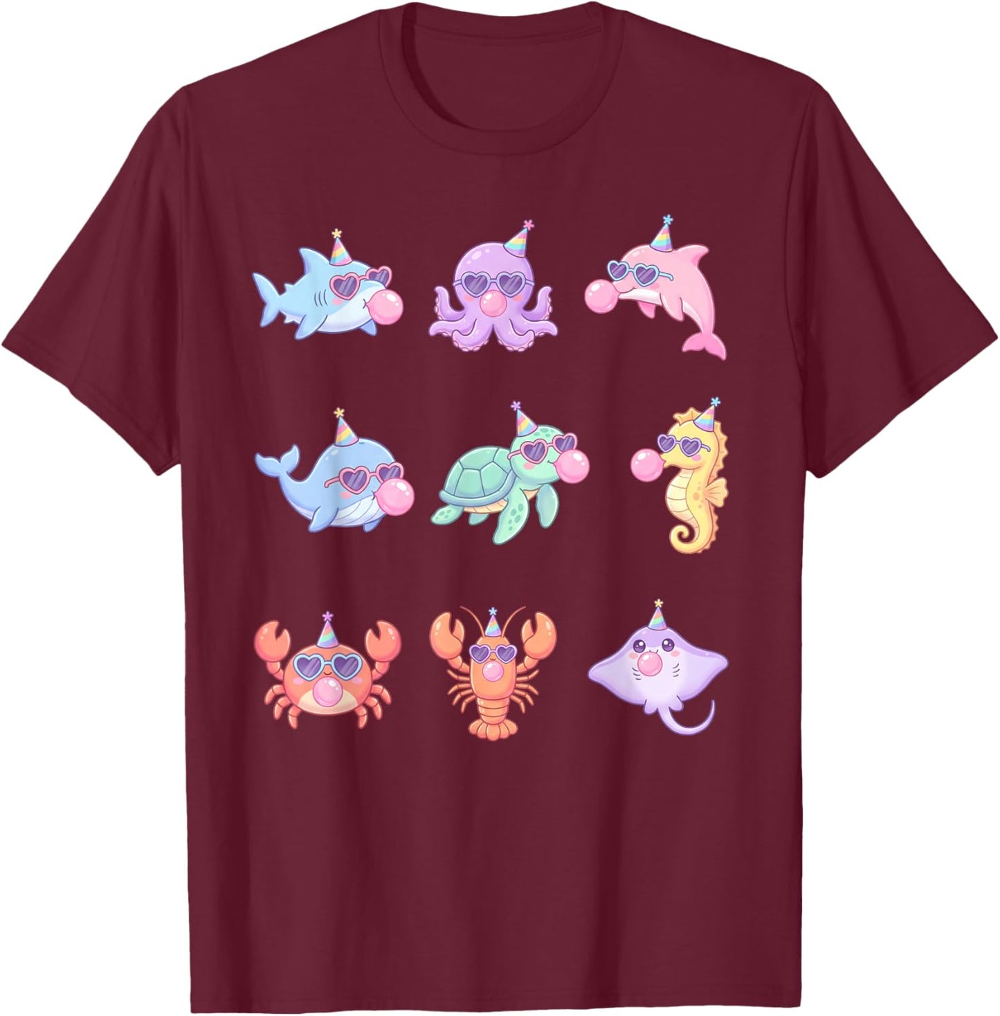 Cute Kawaii Sea Animals Birthday Ocean Sunglasses Bubblegum T-Shirt - T-Shirt | Maroon