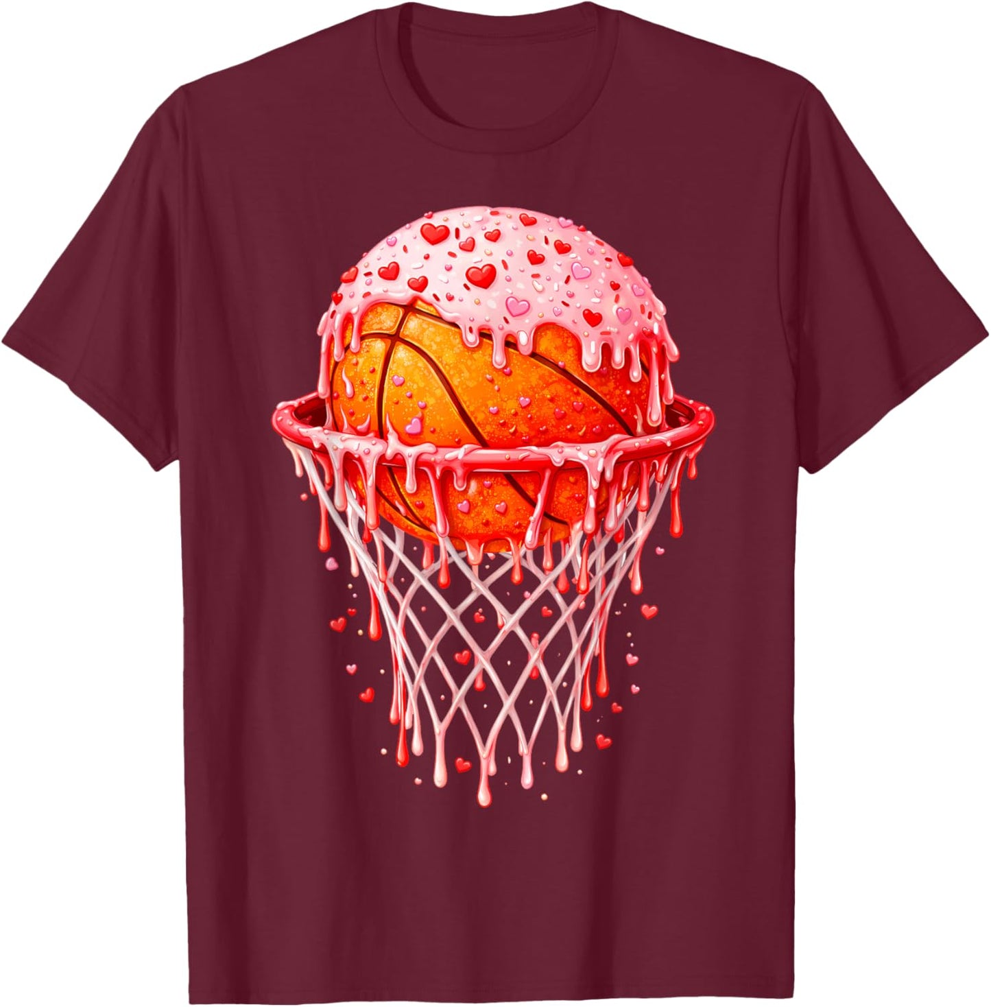 Valentines Day Heart Basketball Hoop Ice Cream Drip Men Kids T-Shirt - T-Shirt | Maroon