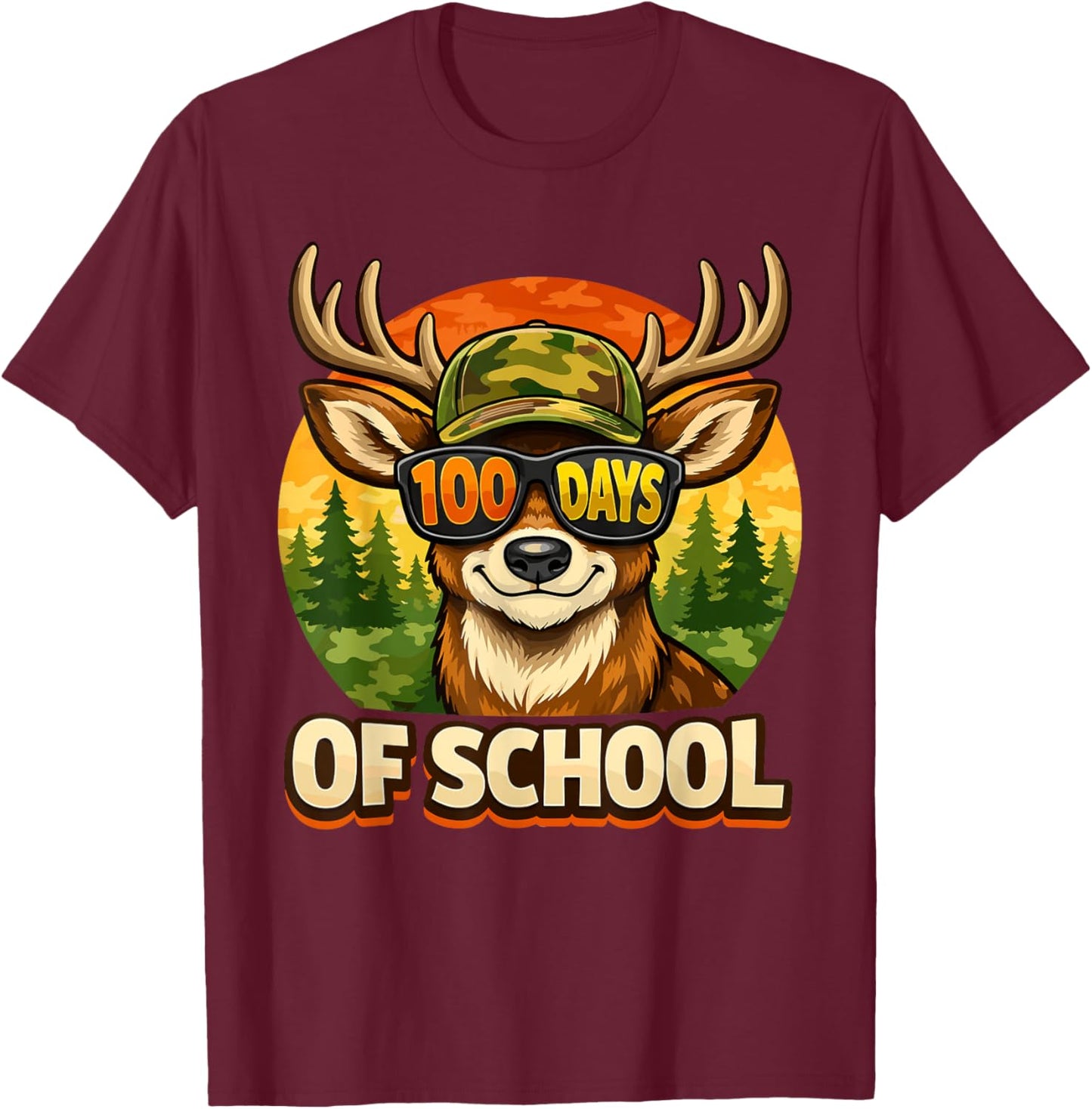 Funny Bucked 100 Day of School Camo Deer Outdoor Student Boy T-Shirt - T-Shirt | Maroon