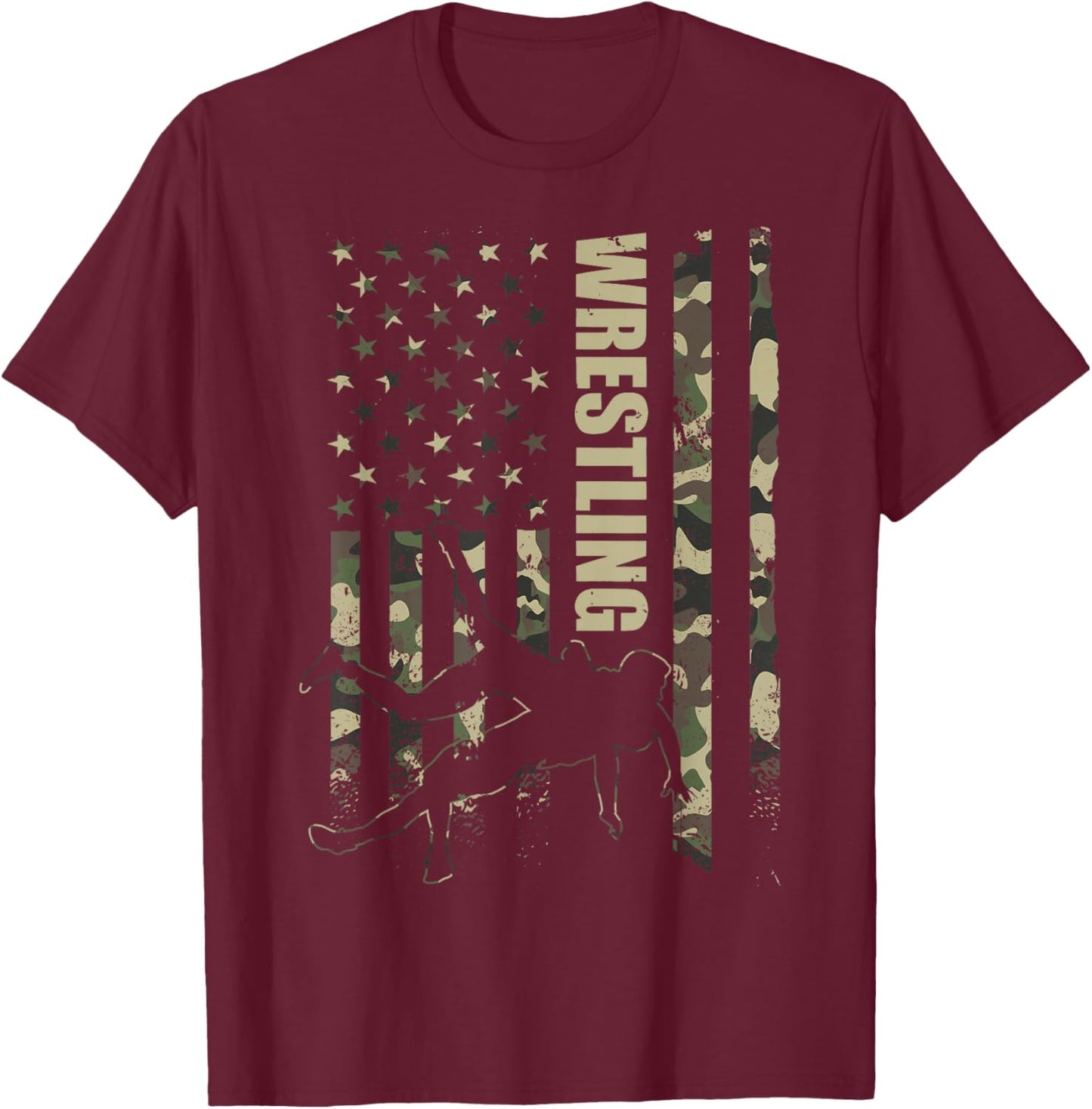 Wrestling American Flag Camo Wrestler Boy Wrestle Lover T-Shirt - T-Shirt | Maroon