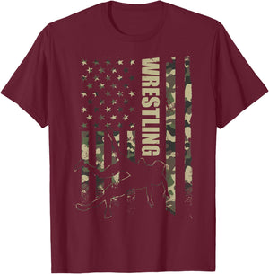 Wrestling American Flag Camo Wrestler Boy Wrestle Lover T-Shirt - T-Shirt | Maroon