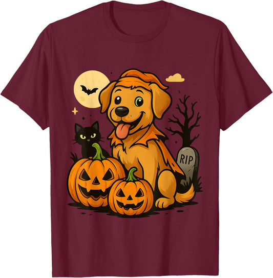 Cute Halloween Dog with Pumpkins and Black Cat Graveyard T-Shirt - T-Shirt | Maroon