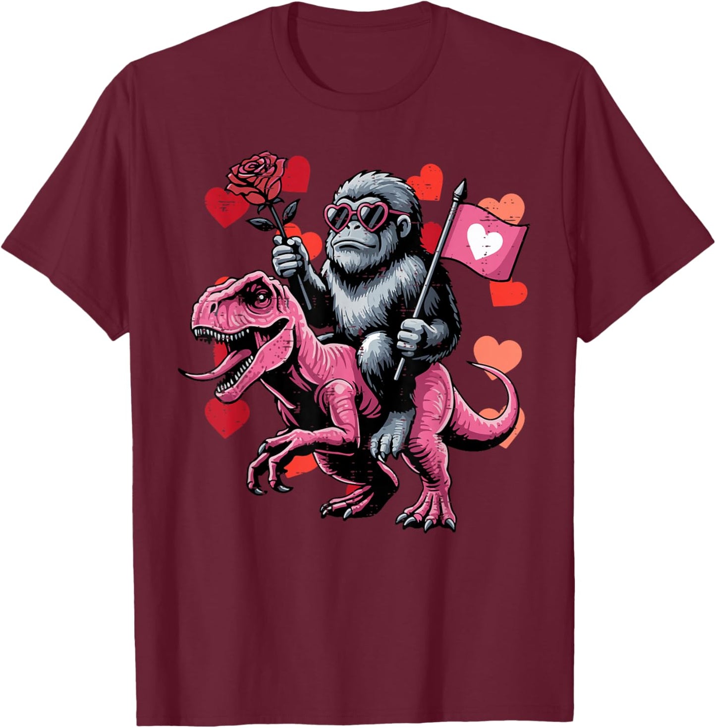 Bigfoot Trex Dino Valentines Day Kids Toddler Boys Youth T-Shirt - T-Shirt | Maroon