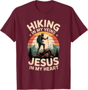 Hiking in My Veins Jesus in My Heart Faith Outdoors T-Shirt - T-Shirt | Maroon