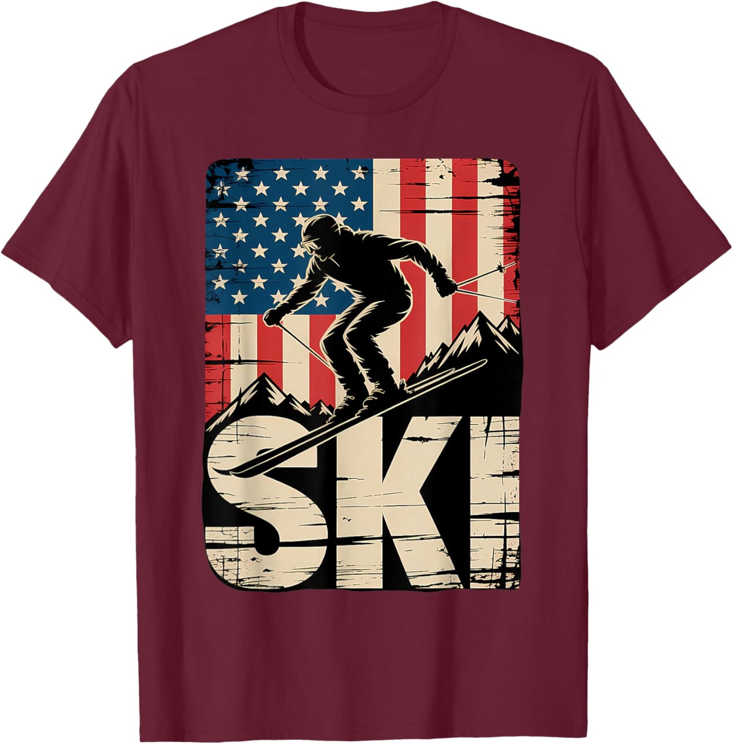 Ski USA Flag Winter Sport American Flag Skier Skiing T-Shirt - T-Shirt | Maroon