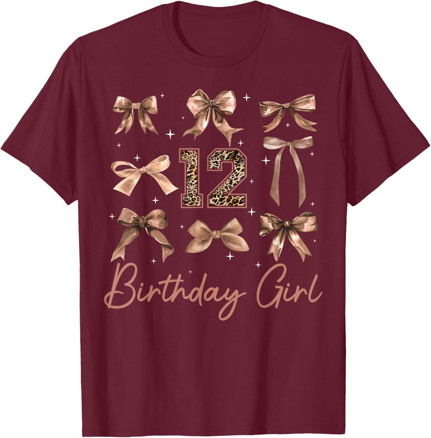 12th Birthday Girl Coquette Bow Leopard 12 Year Old Girls T-Shirt - T-Shirt | Maroon