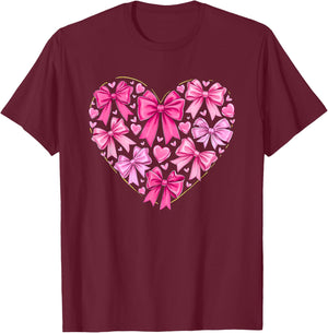 Coquette Bow Valentines Heart Bowknot Ribbon Women Girl Kid T-Shirt - T-Shirt | Maroon