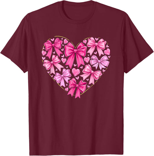 Coquette Bow Valentines Heart Bowknot Ribbon Women Girl Kid T-Shirt - T-Shirt | Maroon