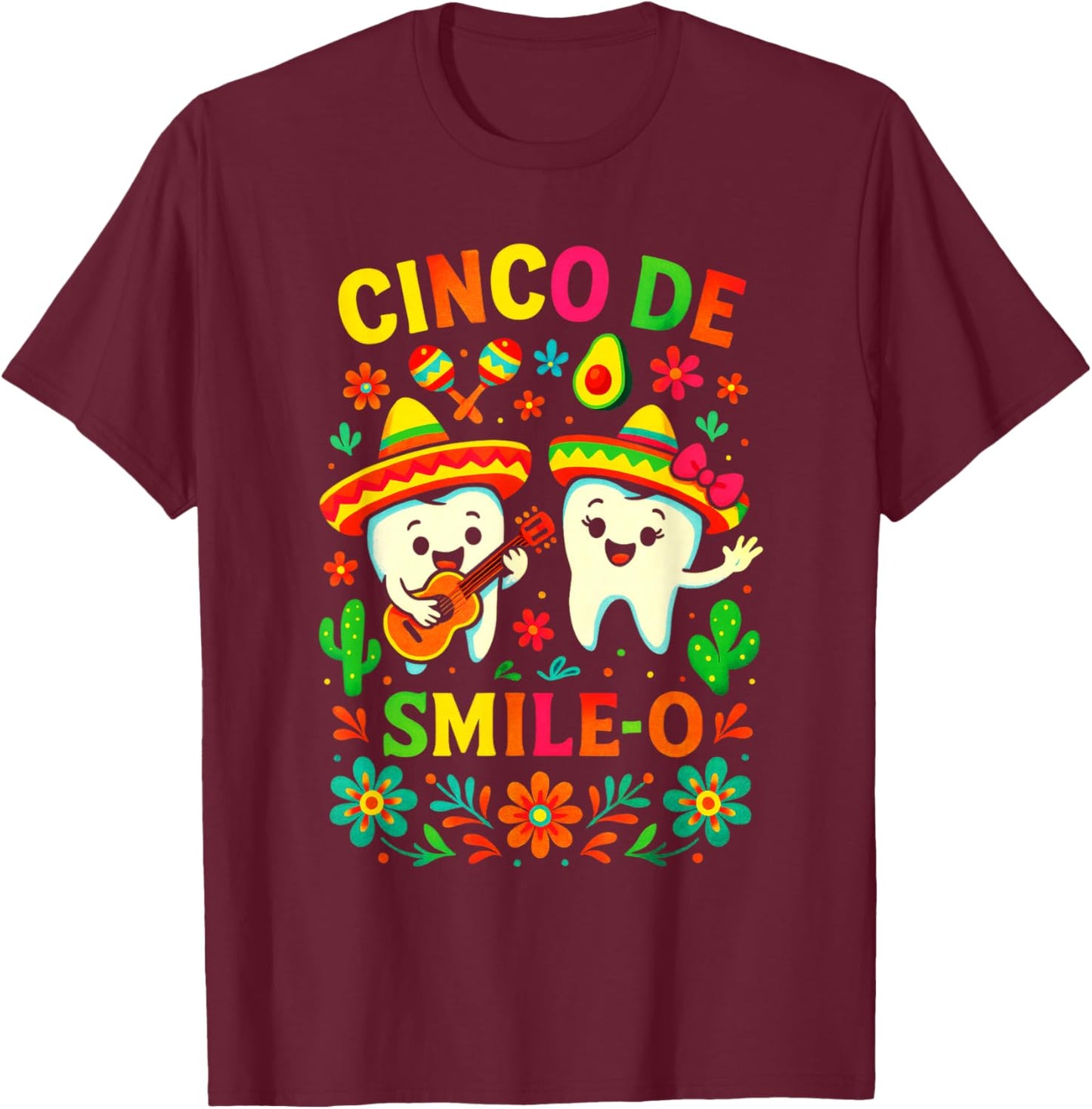 Cinco DE Smile-O - Fiesta Funny Mexican Teeth T-Shirt - T-Shirt | Maroon