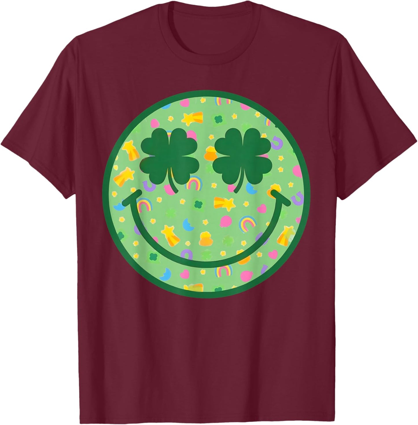 Groovy Shamrock Smile Face St Patricks Day Men Kids Funny T-Shirt - T-Shirt | Maroon