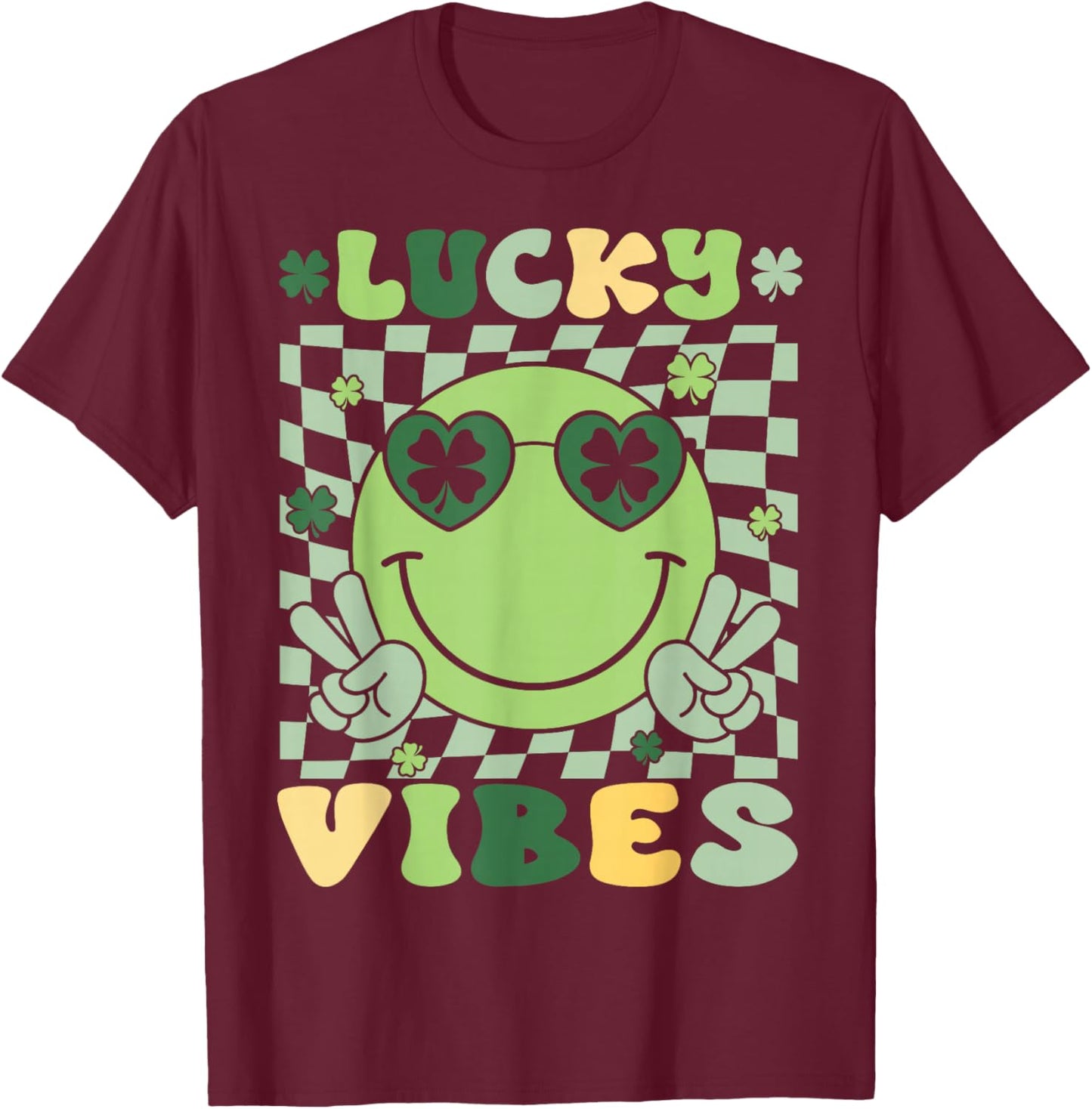 St Patricks Day Women Girls Kid Toddler Shamrock Lucky Vibes T-Shirt - T-Shirt | Maroon