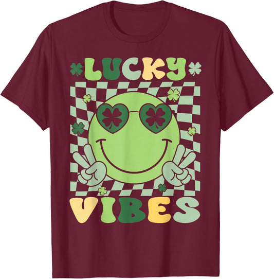 St Patricks Day Women Girls Kid Toddler Shamrock Lucky Vibes T-Shirt - T-Shirt | Maroon