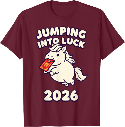 Jumping Into Luck 2026 Chinese New Year Horse Kawaii T-Shirt - T-Shirt | Maroon