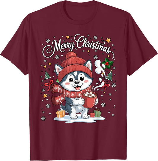 Cute Siberian Husky Dog Drink Hot Cocoa Christmas Xmas Women T-Shirt - T-Shirt | Maroon