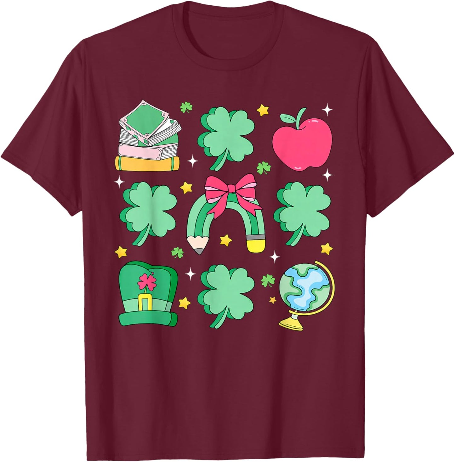 St Patrick's Day Lucky Teacher Shamrock Coquette Bow Pencil T-Shirt - T-Shirt | Maroon