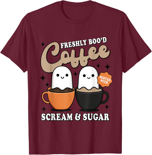 Cute Fall Halloween Ghost Trendy Preppy Freshly Boo'd Coffee T-Shirt - T-Shirt | Maroon
