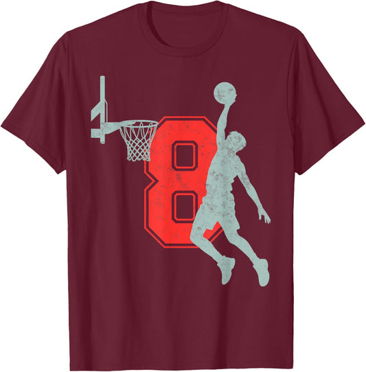 Basketball Fan Birthday Boy Girl 8th Bday Party 8 Years Kid T-Shirt - T-Shirt | Maroon