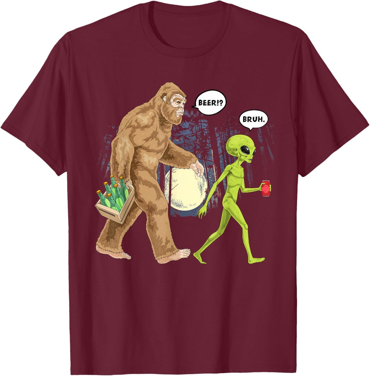 Bigfoot Alien Beer UFO Funny Futuristic Sasquatch Outdoor T-Shirt - T-Shirt | Maroon