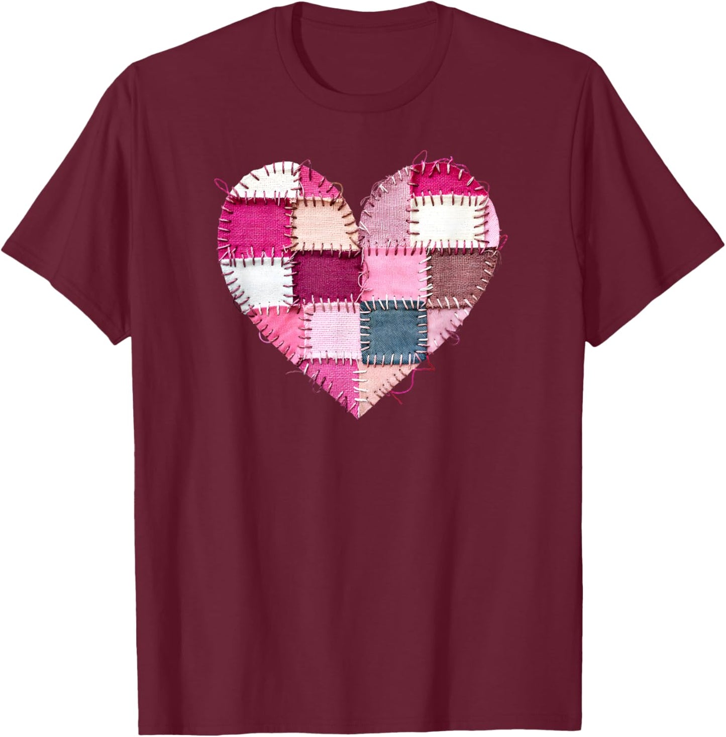 Valentine’s Day Faux Quilt Patchwork Heart T-Shirt - T-Shirt | Maroon