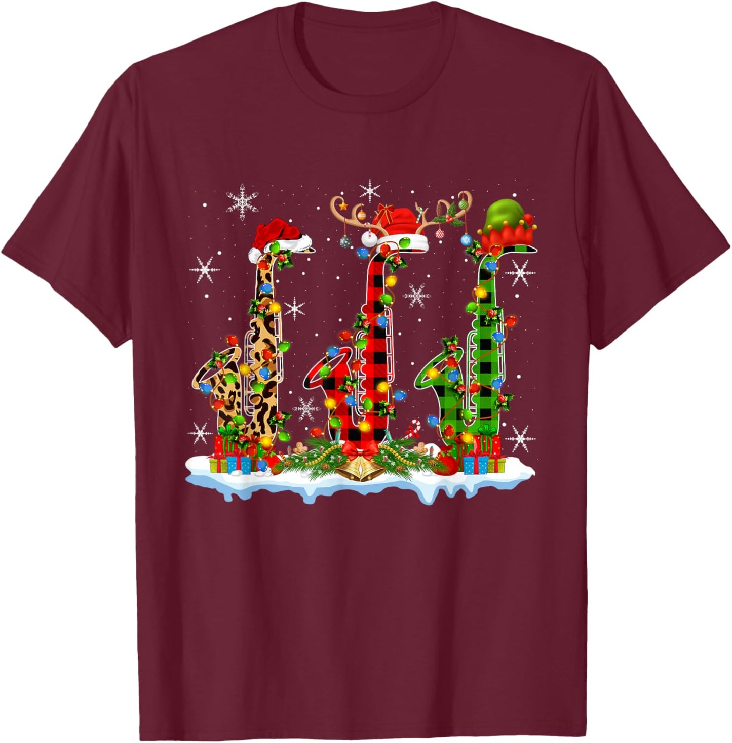 Saxophone Christmas Lights Marching Band Saxophone Jazz Xmas T-Shirt - T-Shirt | Maroon