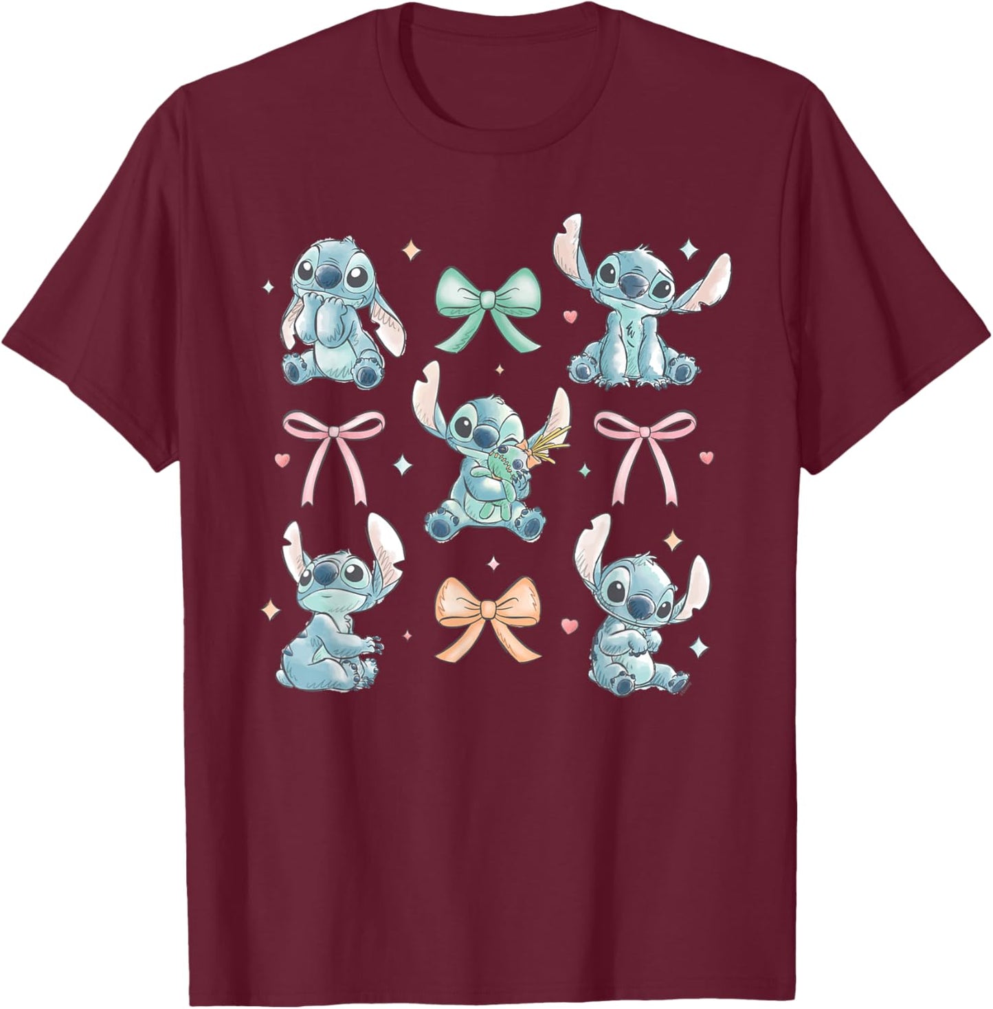 Disney Stitch & Scrump Coquette Style Bows Valentine's Day T-Shirt - T-Shirt | Maroon