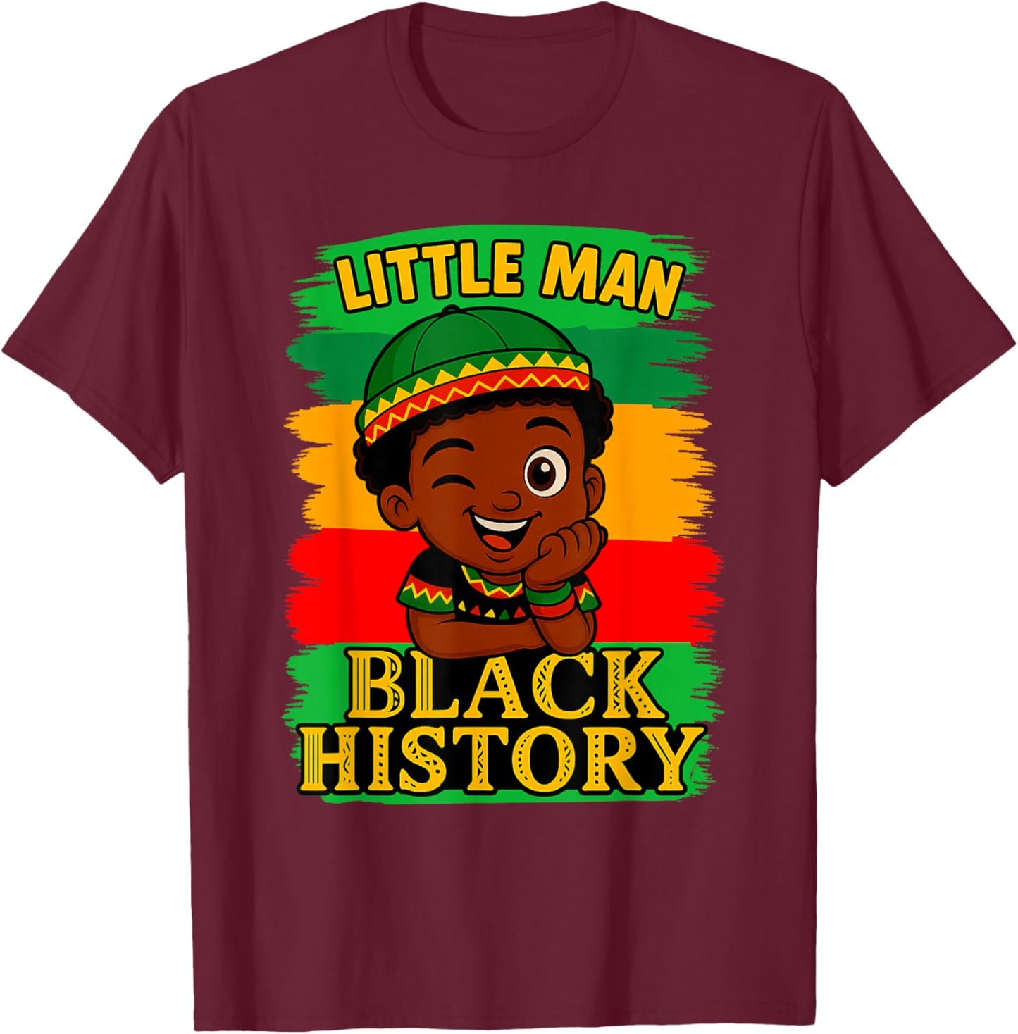 Little Men Black History Month 2026 Cute Afro Boy Design T-Shirt - T-Shirt | Maroon