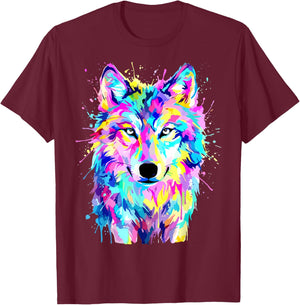 Colorful Wolf Splash Art Wildlife Animal T-Shirt - T-Shirt | Maroon