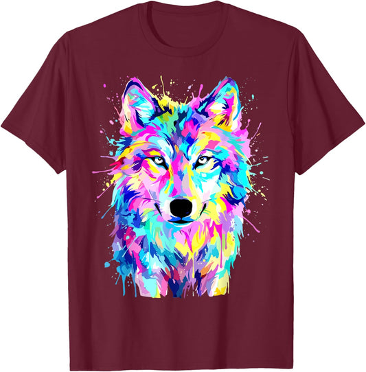 Colorful Wolf Splash Art Wildlife Animal T-Shirt - T-Shirt | Maroon