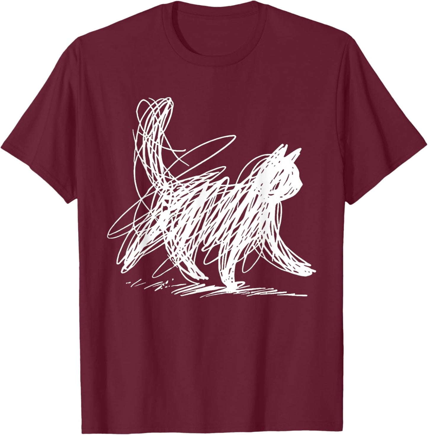 Scribble Cat Minimal Line Art Japanese T-Shirt - T-Shirt | Maroon