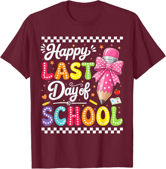 Happy Last Day of School Kids Girl Teacher Bow Graduation T-Shirt - T-Shirt | Maroon